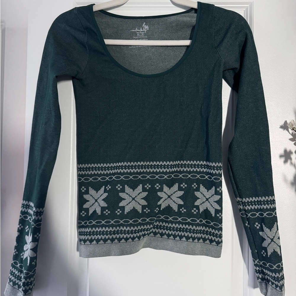 Free People Intarsia Teal Printed Seamless Long Sleeve Top XS/S NWOT